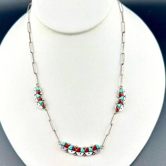 Vintage Zuni Sunface Sterling Silver Turquoise Inlay Sun Face Necklace - Picture 1 of 8